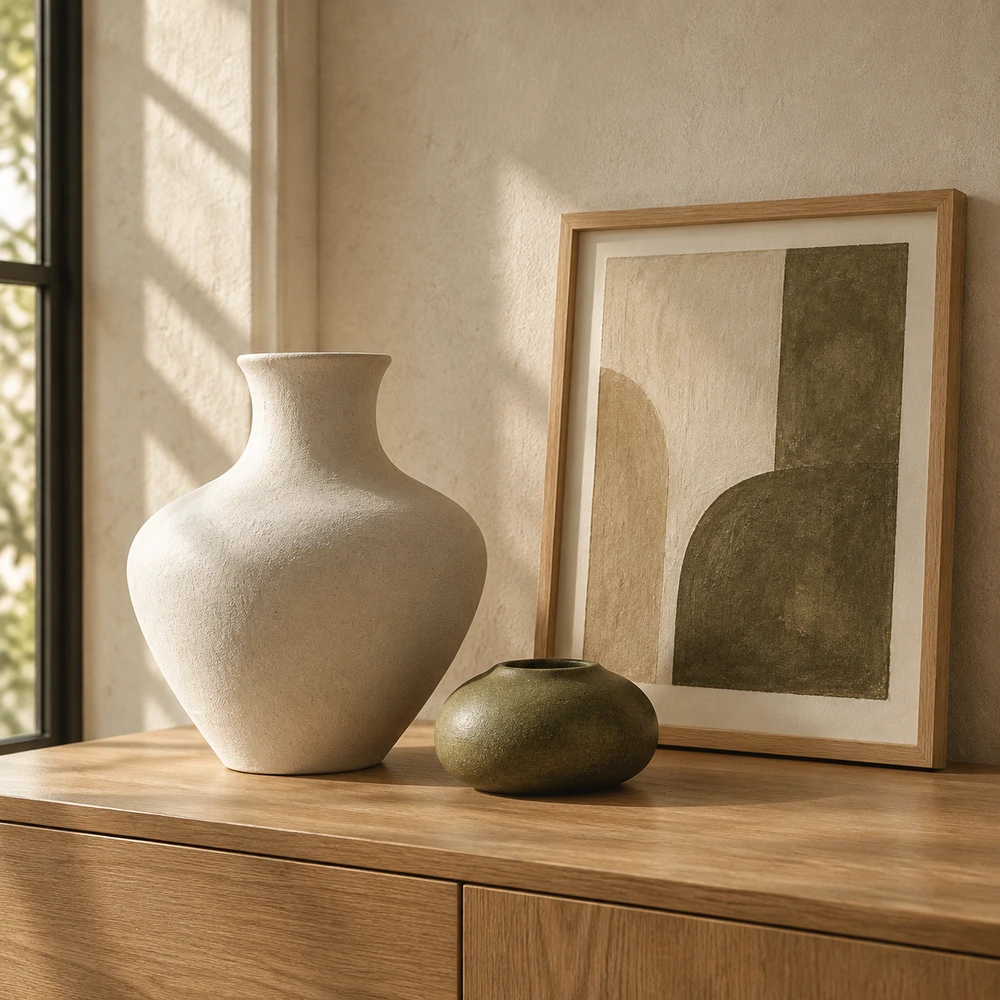 A sculptural ceramic vase and framed art on a wooden surface.