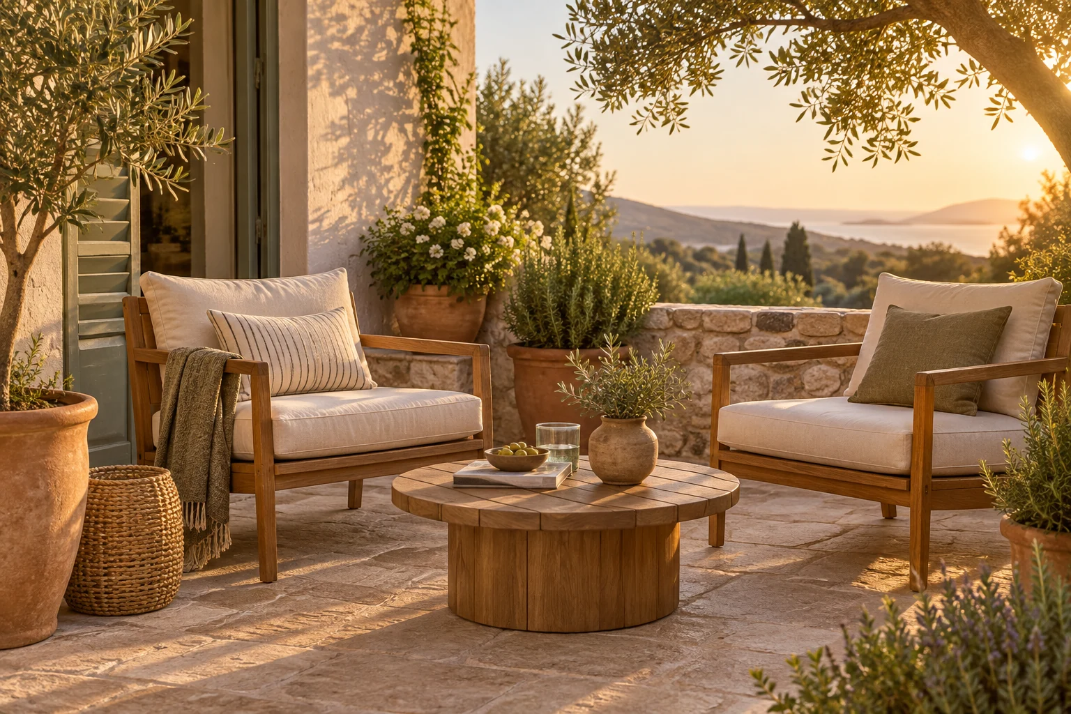 Teakhouten stoelen met crèmekleurige kussens en terracotta plantenpotten op een zonnig terras.