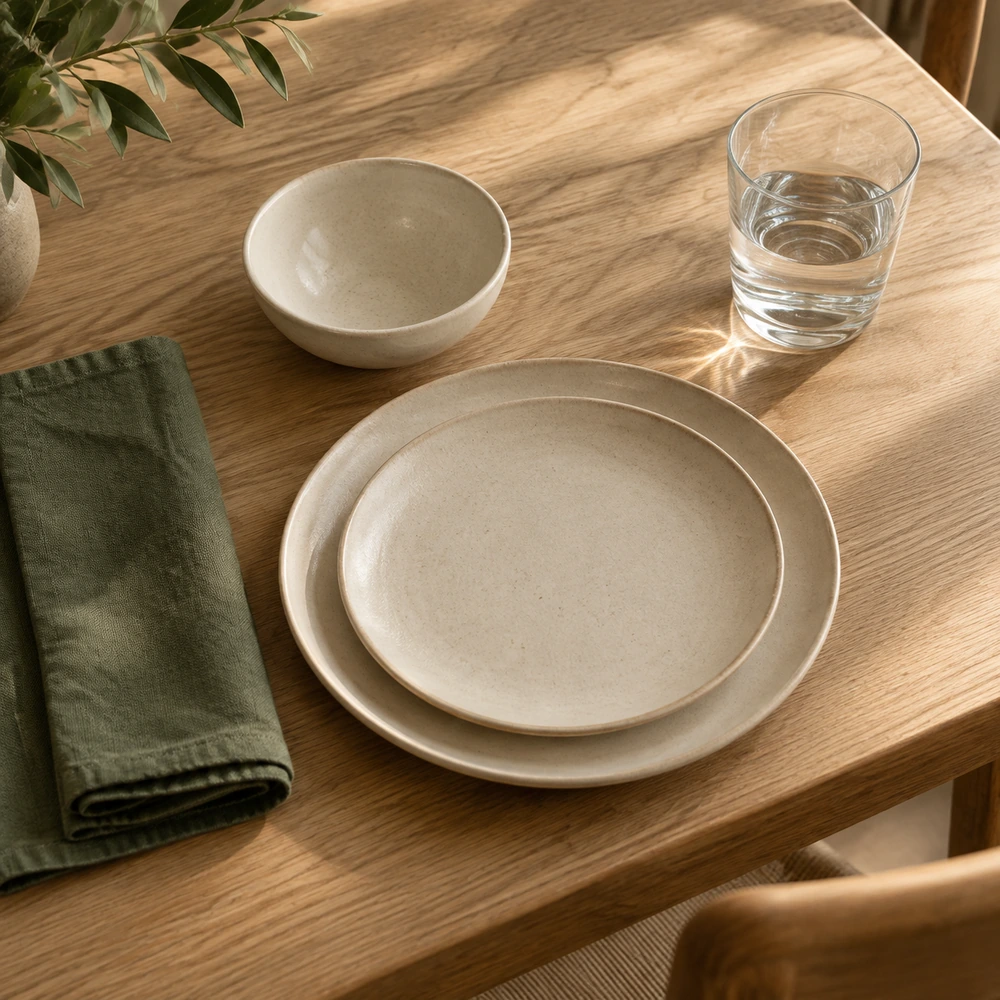 Ceramic plates, a bowl, linen and a clear drinking glass.