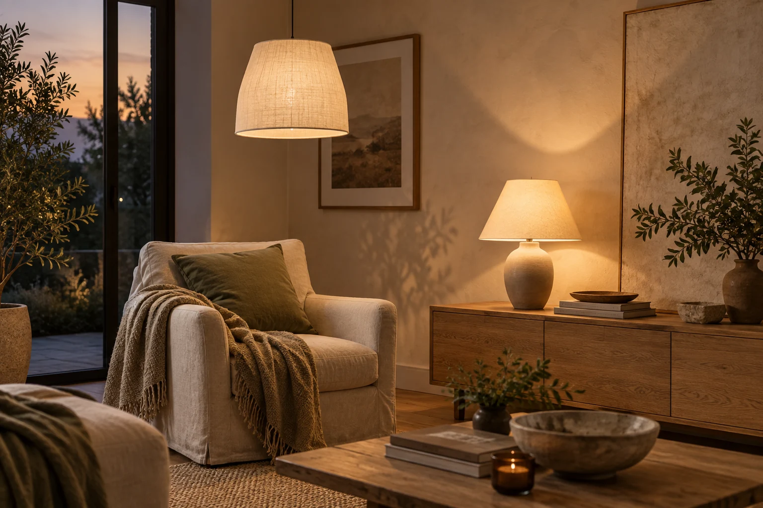 Een warm brandende hanglamp en een keramische tafellamp naast een linnen stoel in de schemering.