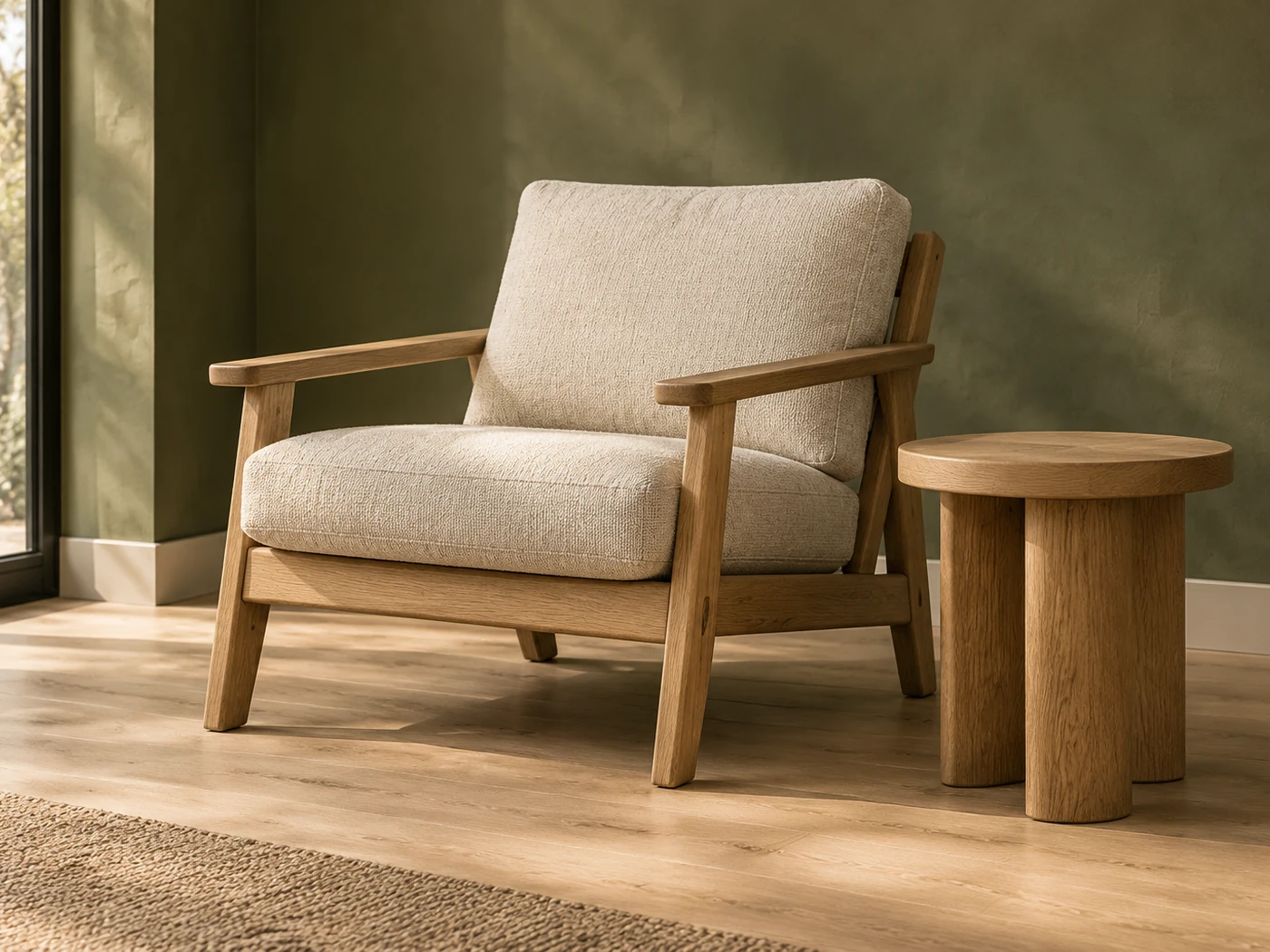 Een compacte gestoffeerde eiken stoel naast een ronde houten tafel.