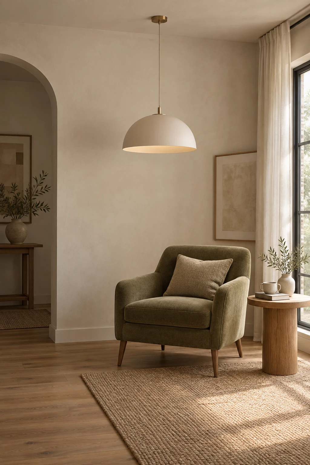 Een crèmekleurige hanglamp boven een olijfgroene leesstoel in een zacht verlichte, neutrale kamer.