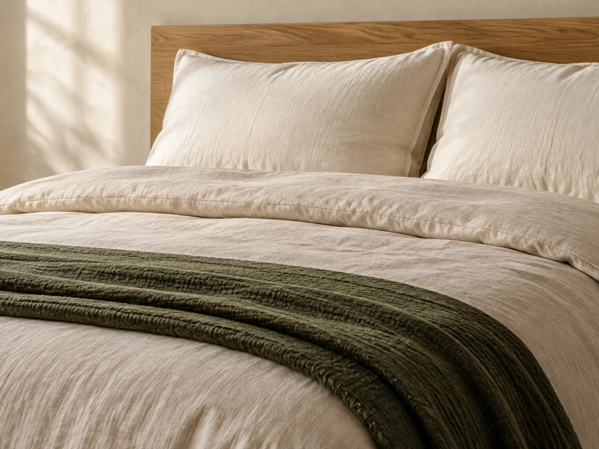 A close view of a duvet, pillows and a neatly folded blanket.