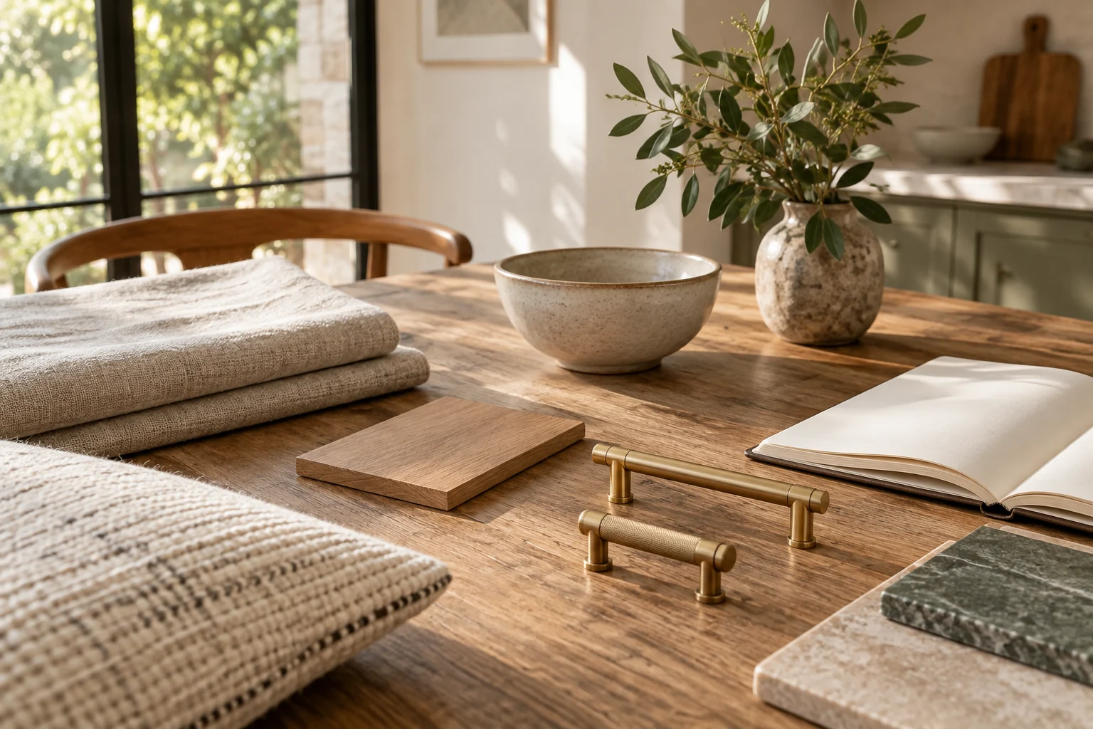 Linen, oak, brass handles and a ceramic bowl on a material selection table.