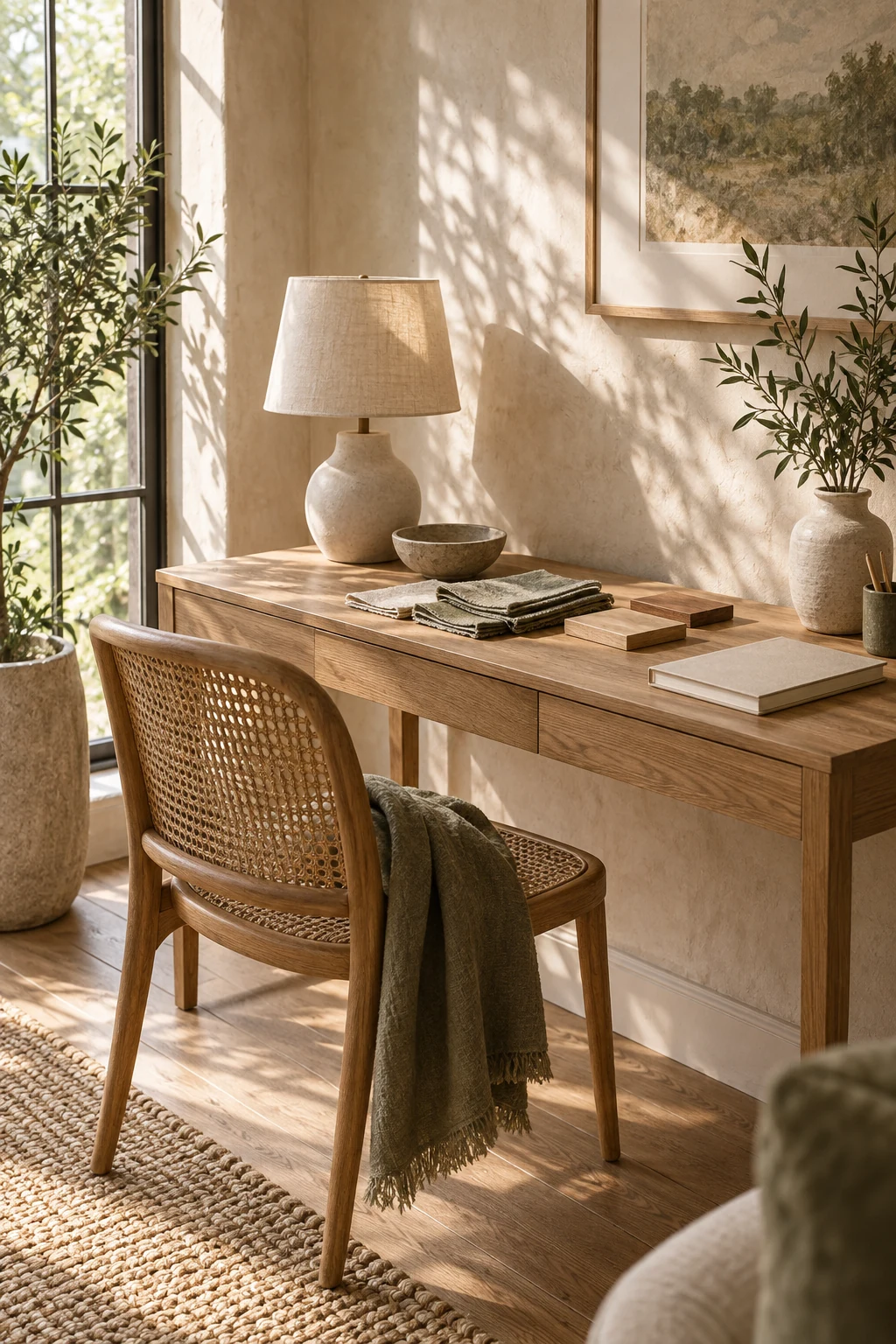 A sunlit oak desk with a table lamp, fabric swatches and wood samples.
