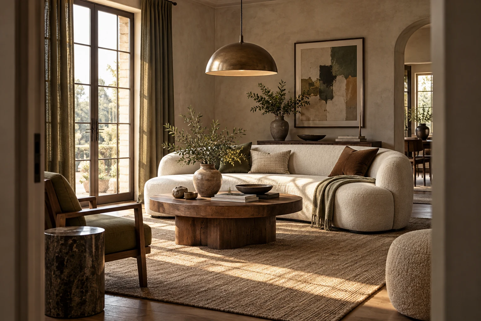 A linen sofa, oak coffee table, warm pendant light and sculptural decor in a sunlit living room.