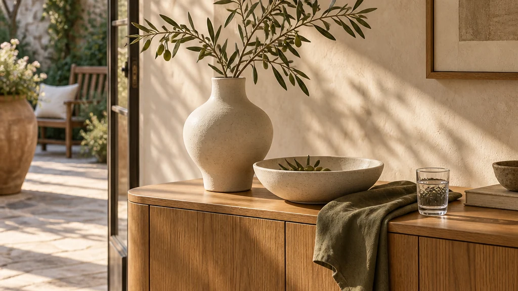 Warm sunlight on an oak sideboard with ceramics, olive branches and linen beside a garden doorway.