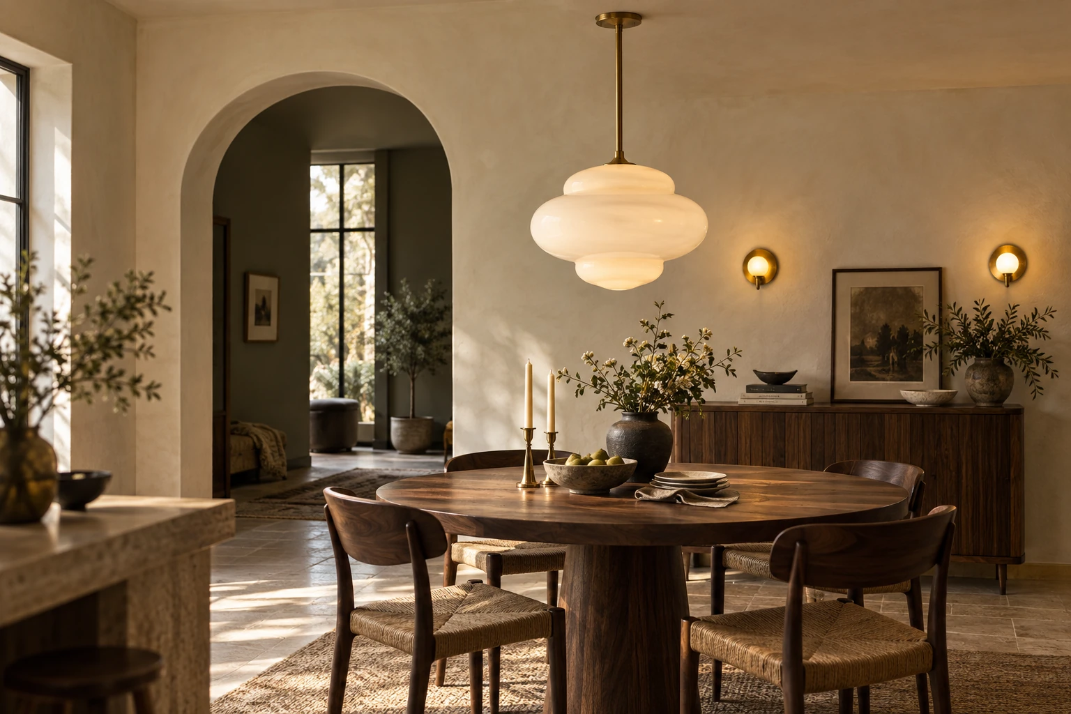 Hanglamp van opaalglas boven een walnoten eettafel.