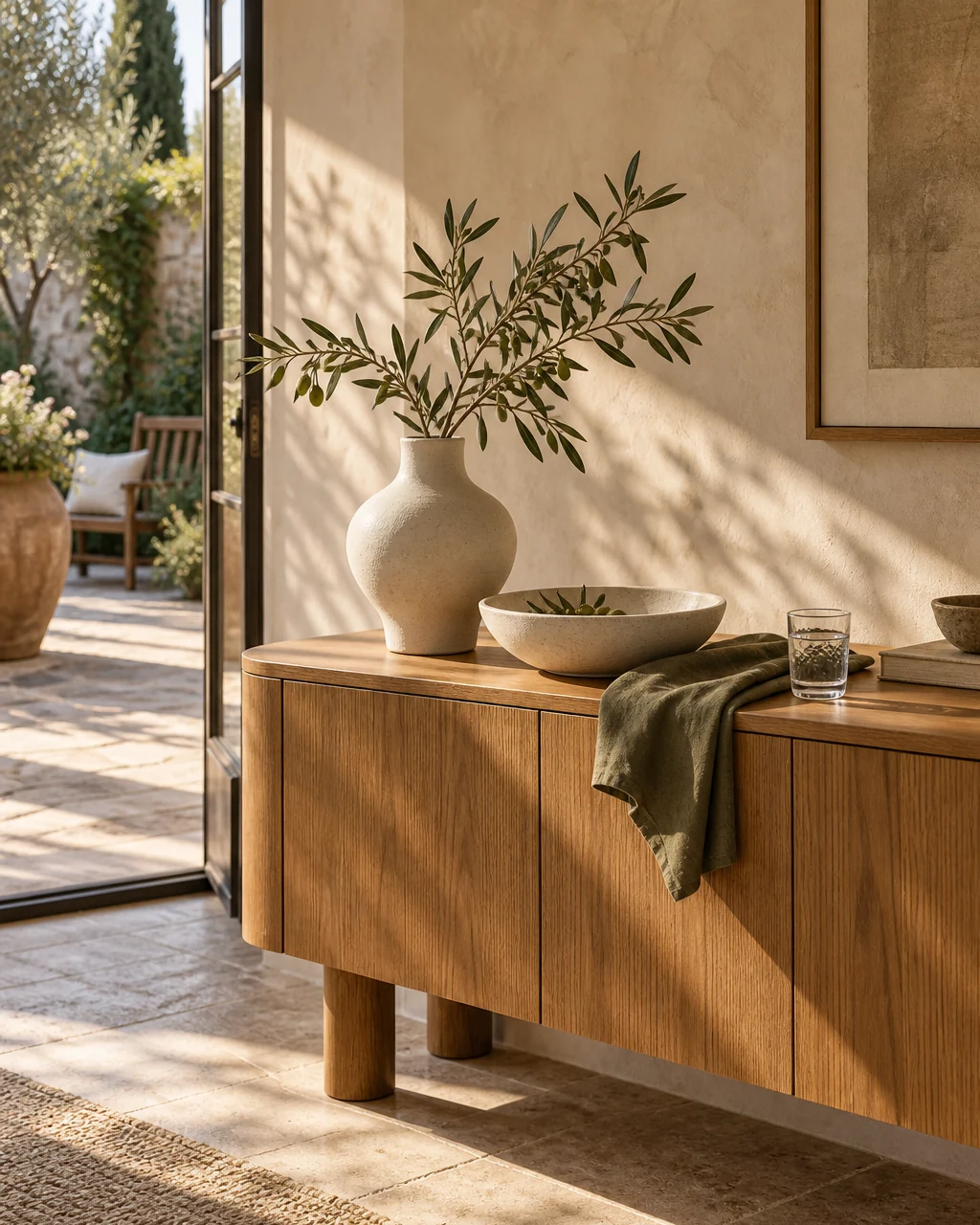 Warm sunlight on an oak sideboard with ceramics, olive branches and linen beside a garden doorway.