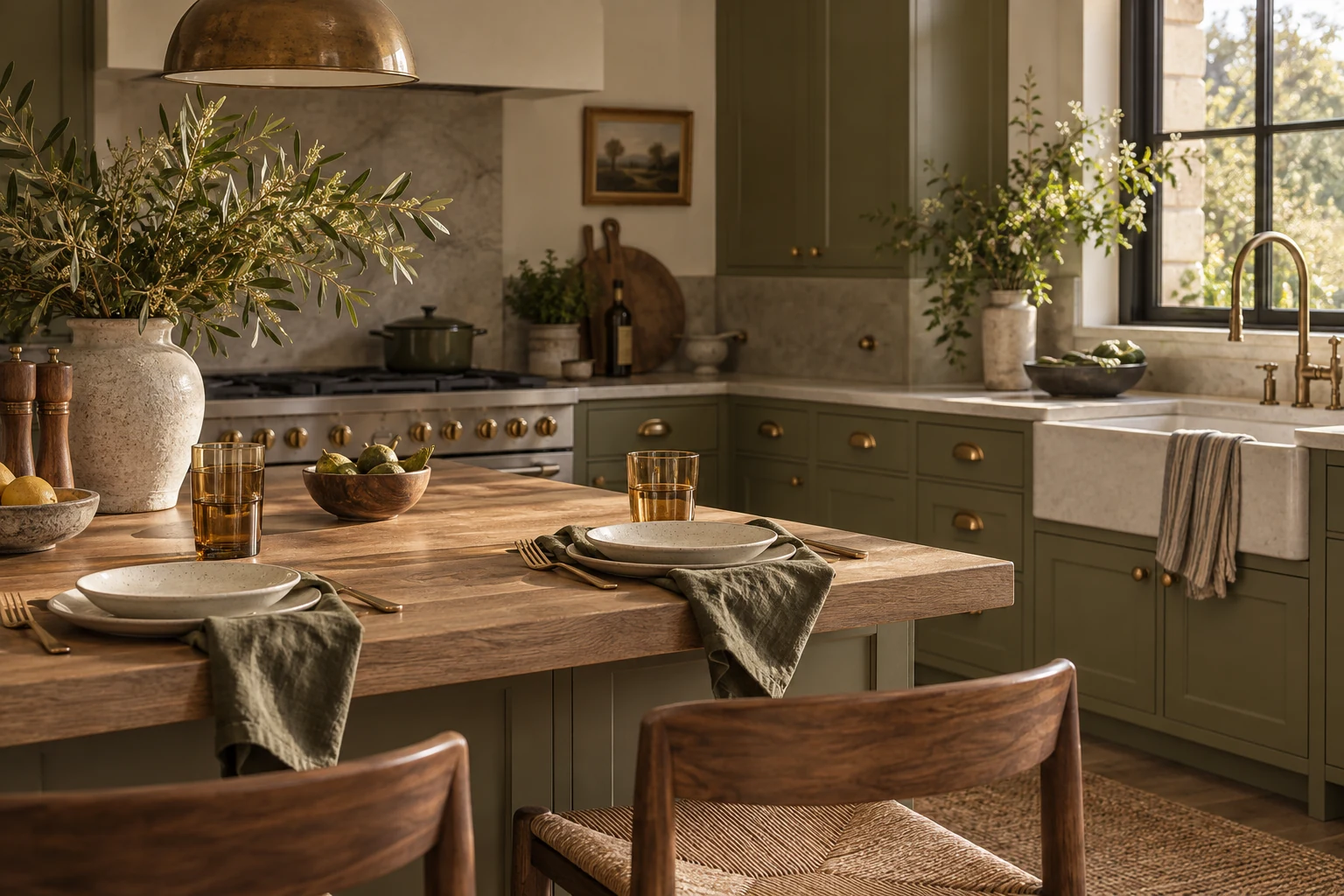 Stoneware table settings in front of olive cabinets with brass handles.