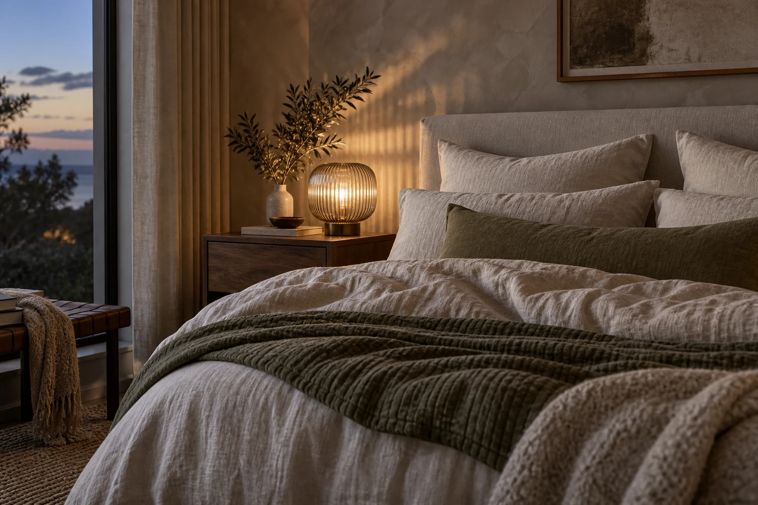 Layered linen bedding and an olive coverlet beside a glowing glass bedside lamp.