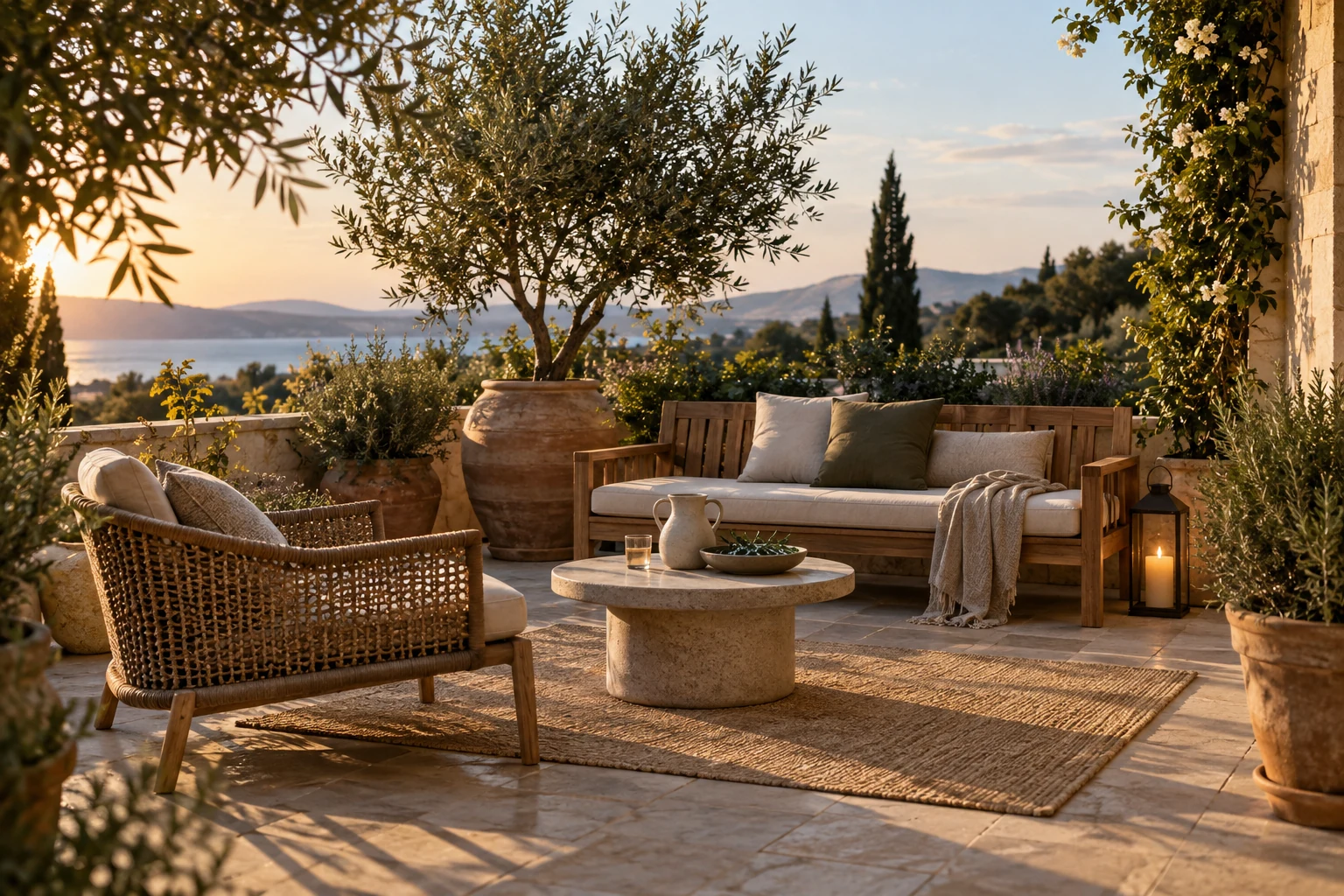Teak outdoor seating and terracotta planters on a quiet terrace at dusk.