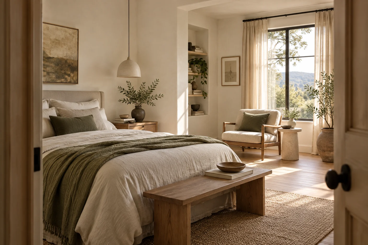Layered bedding, an oak chair and a pendant light in a warm bedroom.