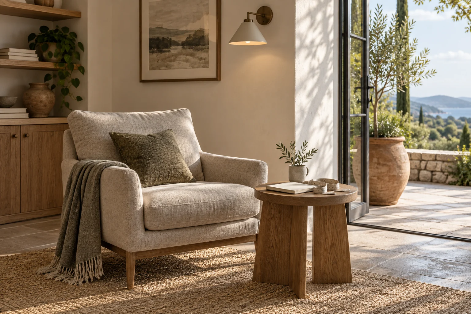 A lounge chair, side table and wall light beside an open terrace doorway.