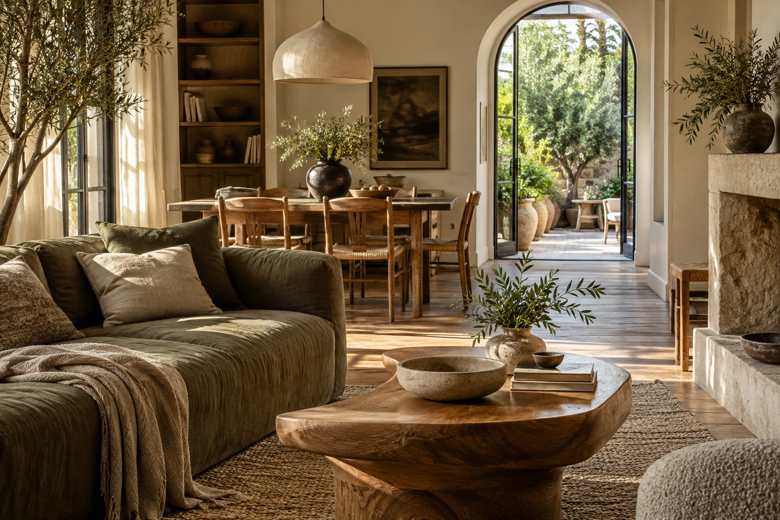 A warm living and dining space opening onto a leafy terrace.