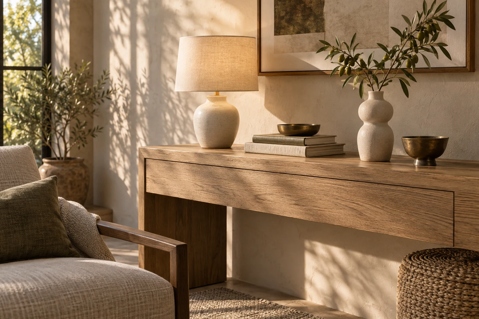 A softly glowing lamp, sculptural vase and linen chair create a layered living corner.