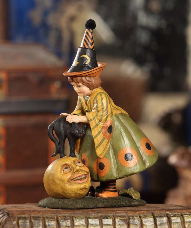 Halloween Figurine Little Witch With Cat On Moon