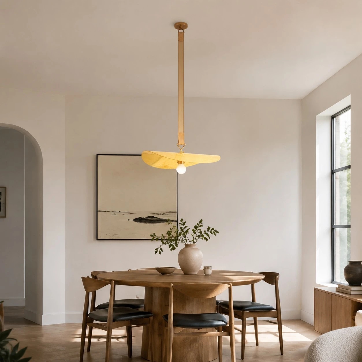 Pendant light in a bright dining room